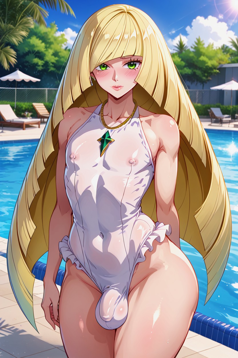 Wearing Frilly White One Piece Swimsuit, Weak Male, Hdr AI Porn