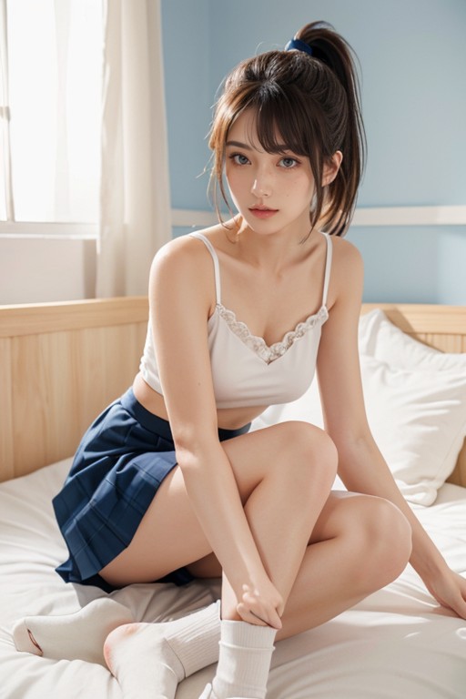 Ponytail, Dark Long Brown Hair, Checkered Pattern Skirt AI Porn