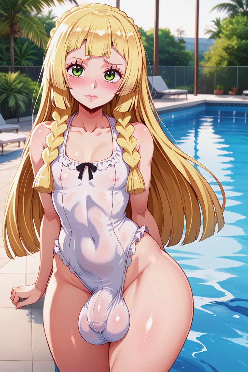 Frilly One Piece Swimsuit, Thick Thighs, Gigantic Hyper Ass AI Porn