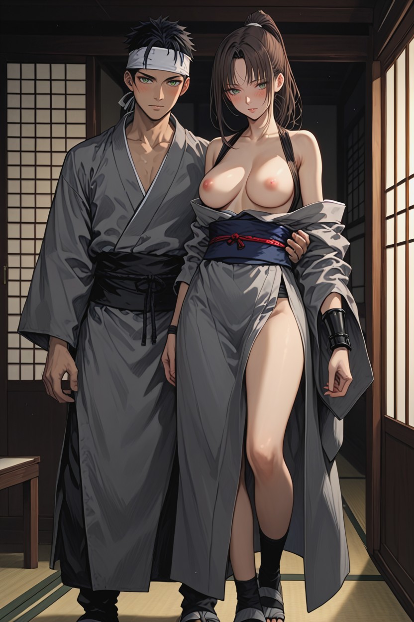 Blushed Face, Bare Thighs, Medium Brown Hair Hentai AI Porn