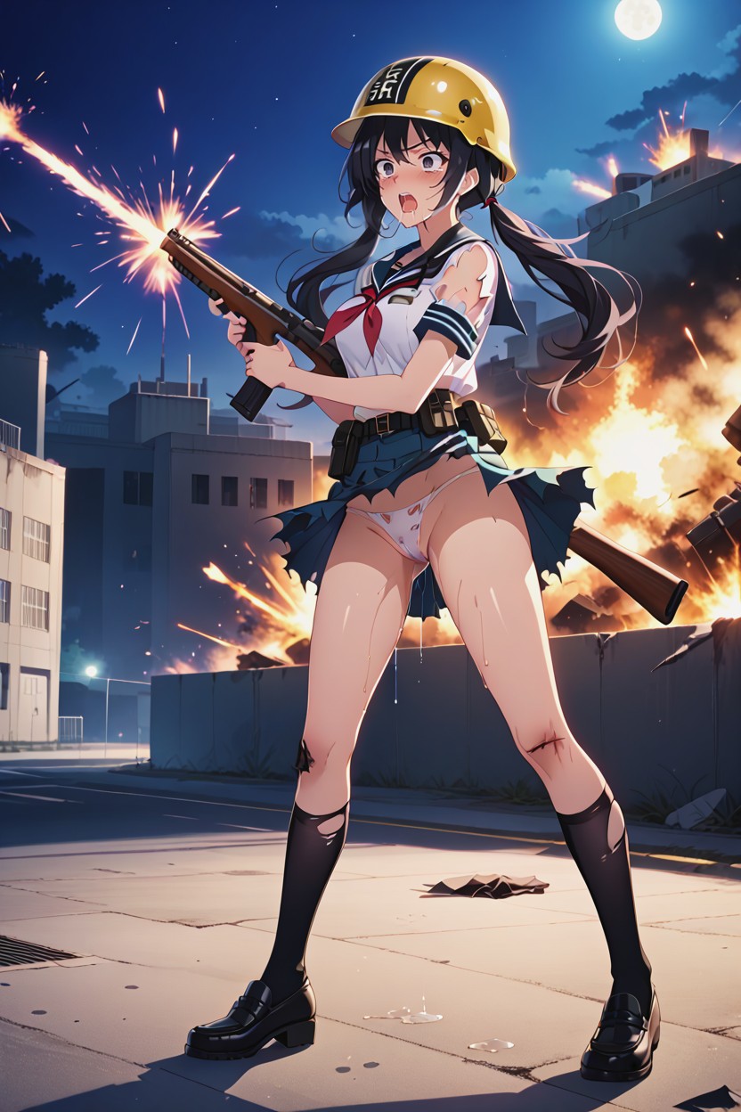 Shouting, Torn Skirt, Torn Black Knee High Socks AI Porn