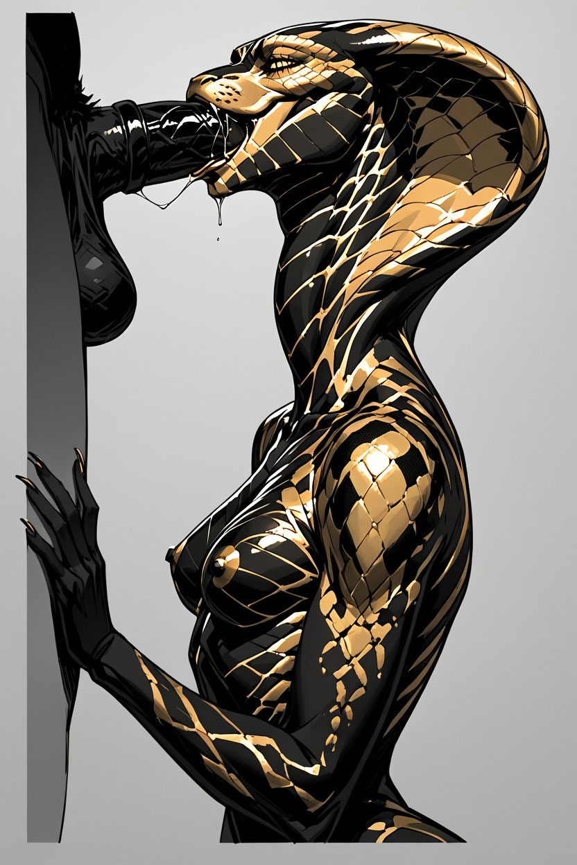 Snake Woman, Deepthroating A Massive Cock, Gold Markings Porno IA Furry