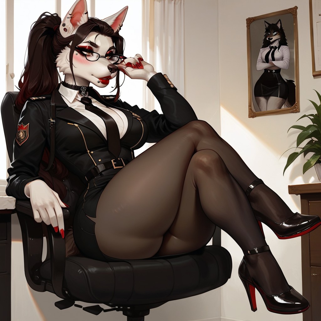 Red Lipstick, White Body, Black Choker Collar Furry AI Porn