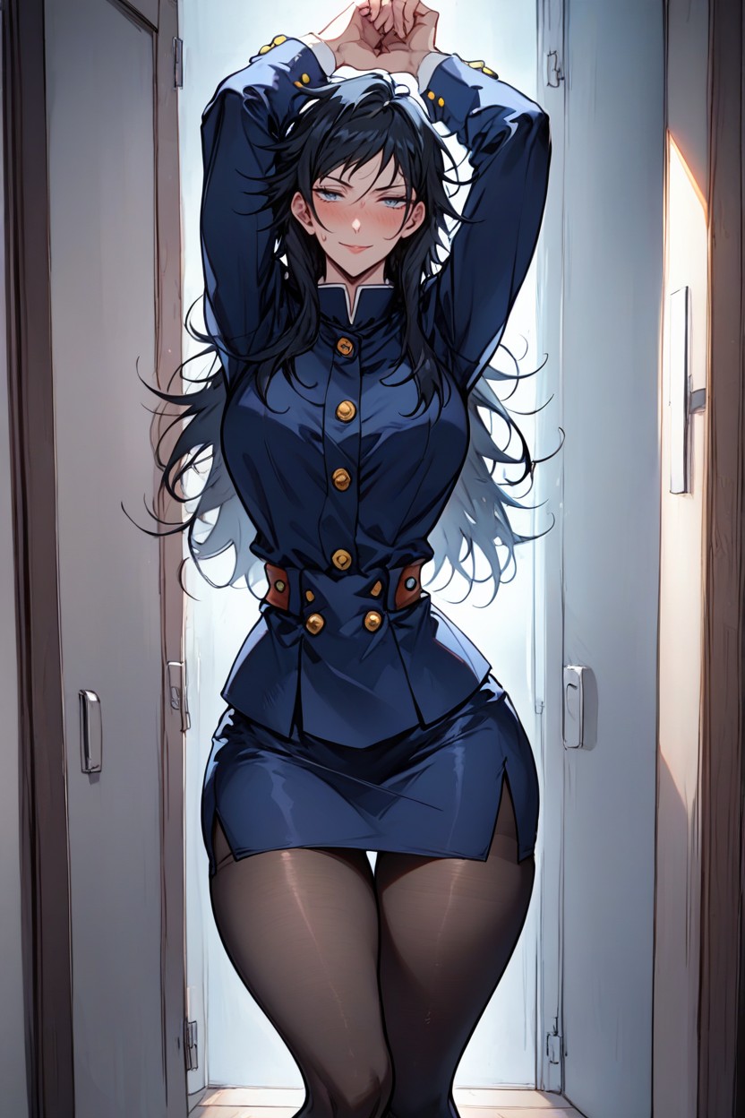 Black Hair, Standing In Doorway, Legs Covered With Leggings Hentai IA