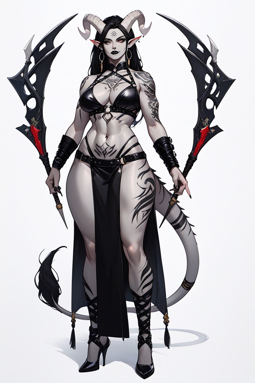 Full Length, Gray Skin, Clothes Sexy Black Leather Harness Hentai AI Porn