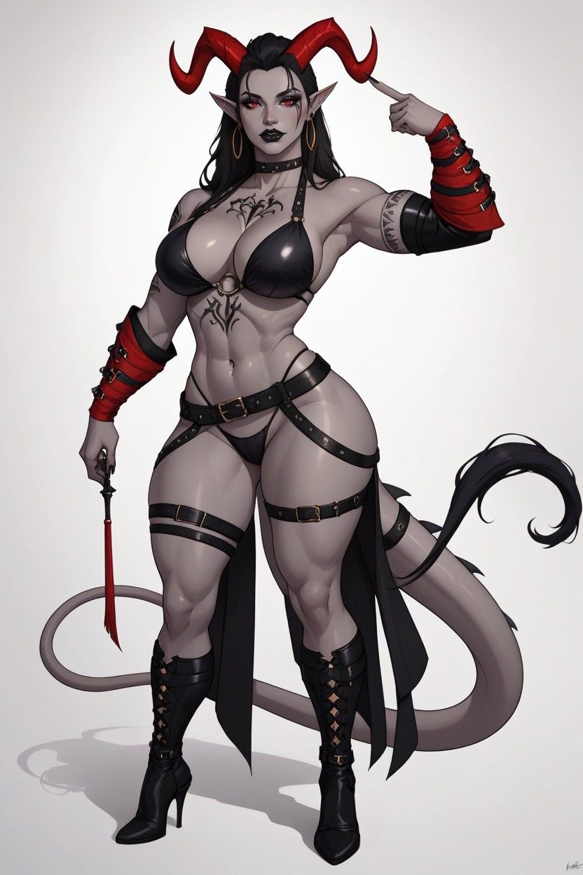 Gray Skin, Horns Pointing Up And Slightly Curved Back, A Lots Of Leather Belts Hentai AI Porn