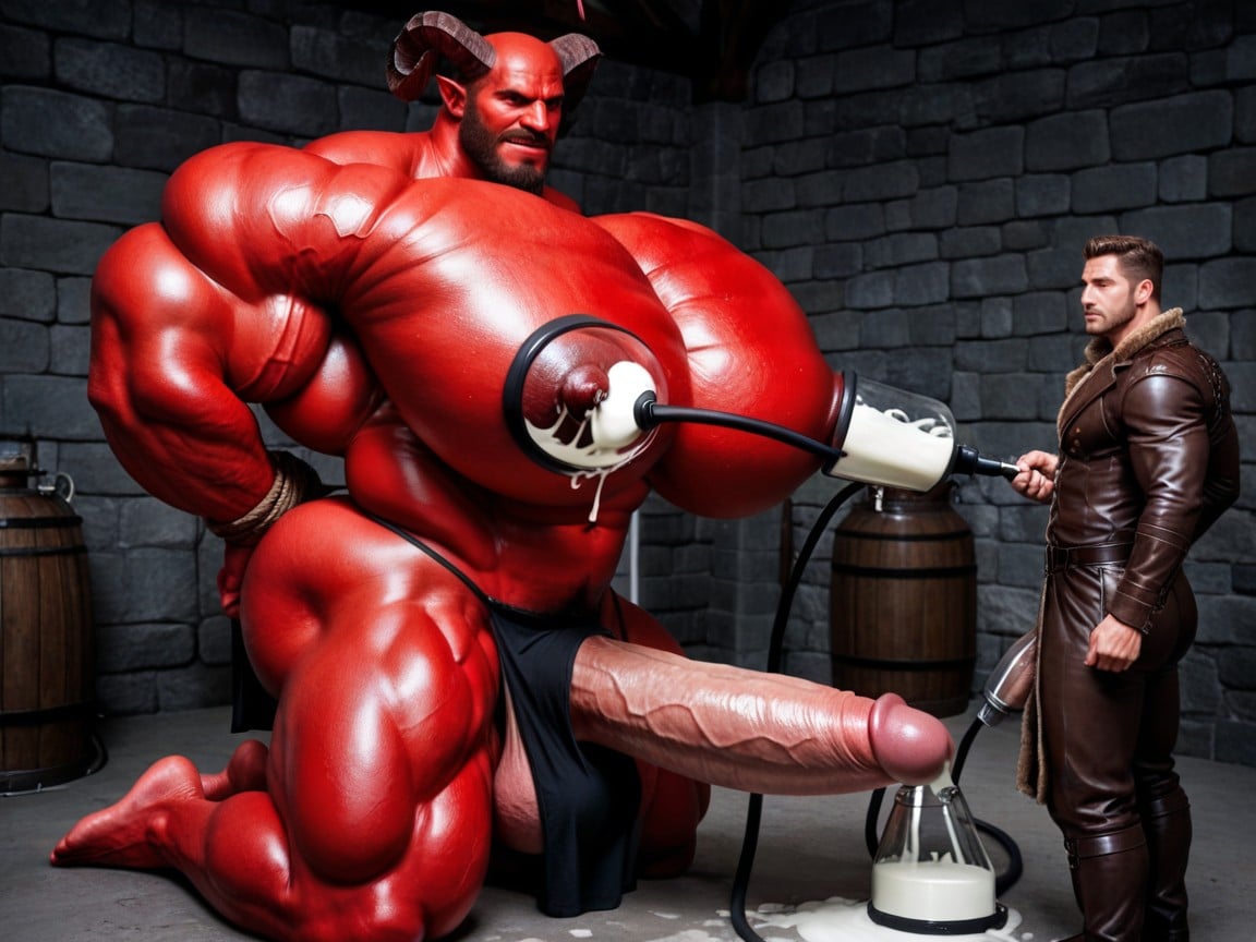 Dark Red Nipples, Massive Muscles, Man Hyper Squishing Red Devil's Boobs Porno IA Gay
