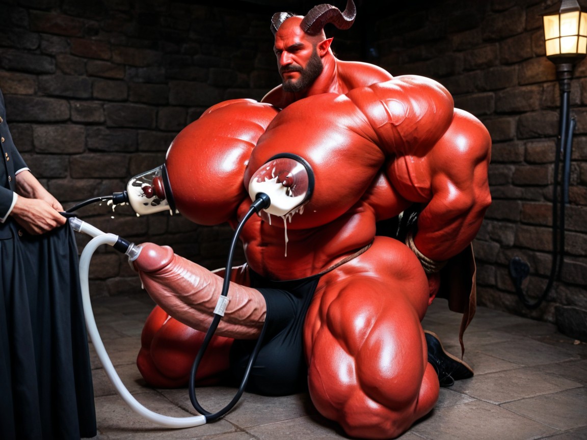 Man Hyper Squishing Red Devil's Boobs, Body Buckles, Legs Spread Porno IA Gay