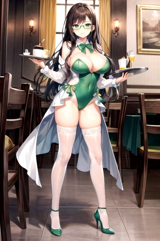 In Restaurant, Bare Waist, White Thigh High Socks With Green Line Edge Hentai IA