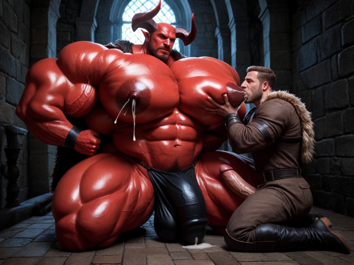 Red Devil Kneeling, Athletic Warrior, Erect Gigantic Penis 게이 AI 포르노
