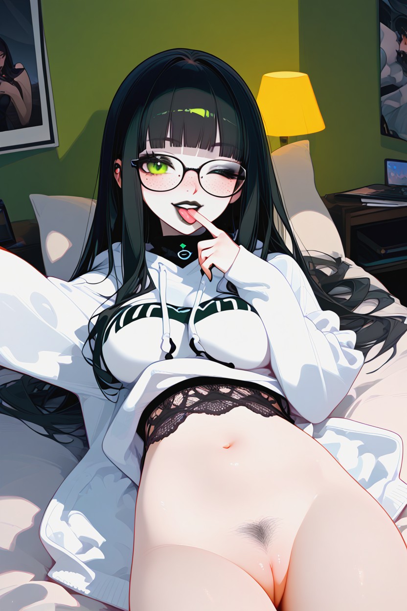 Pechos Redondeados, Black Lingerie, Smiling Hentai IA