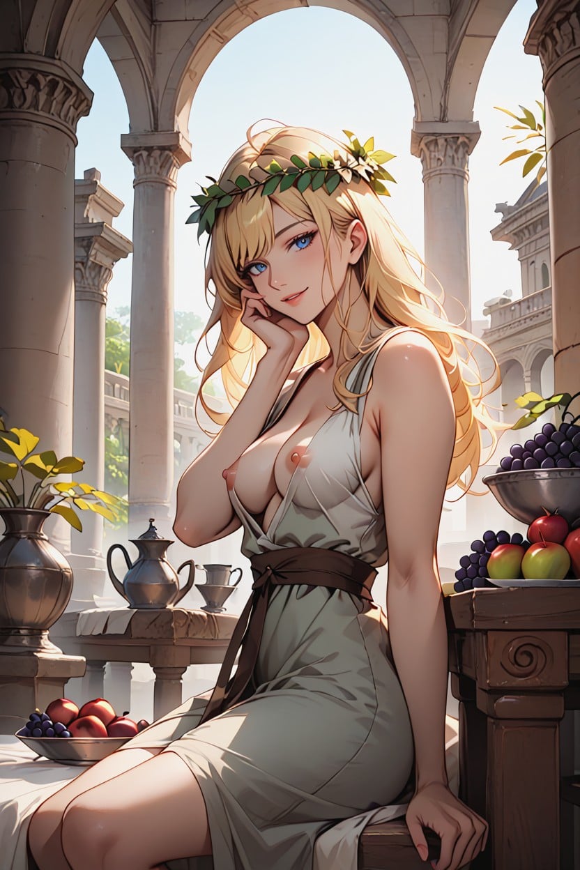 Brown Fur Bed, Wispy Hair Bangs, Leaves Wreath On Head Hentai AI Porn