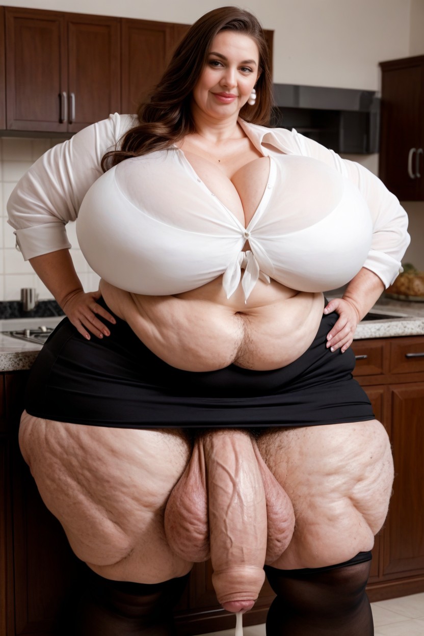 House, Gigantic Saggy Breast, White Long Sleeve Button Up Shirt AI Porn