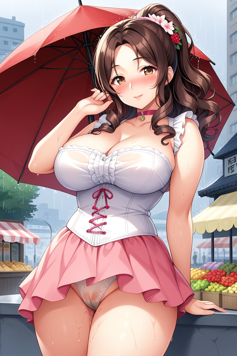 Blushing, Perfect Waist, Pink An White Corset Hentai AI Porn