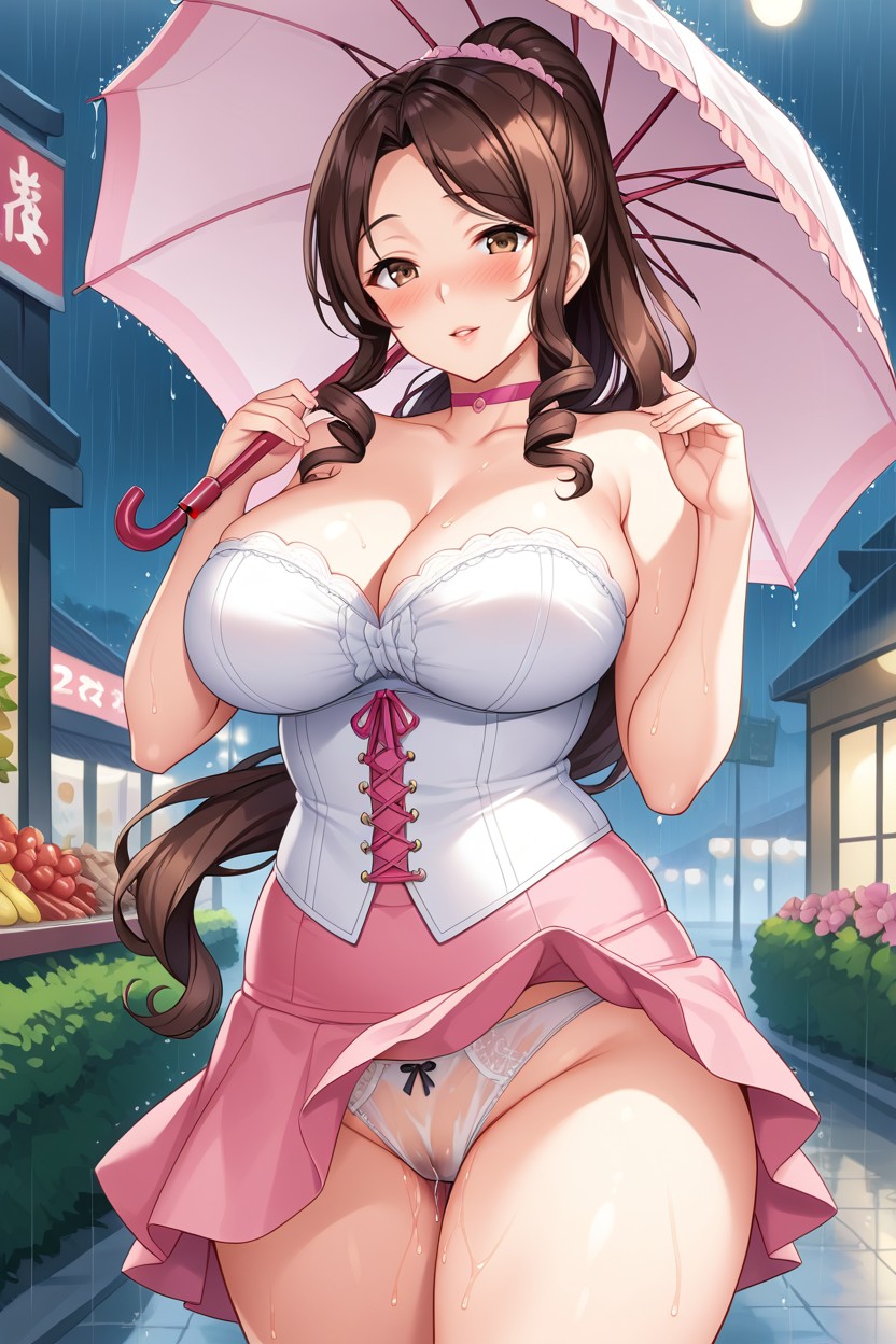 Looking At Viewer, Flower, Pink An White Corset Skirt Hentai IA