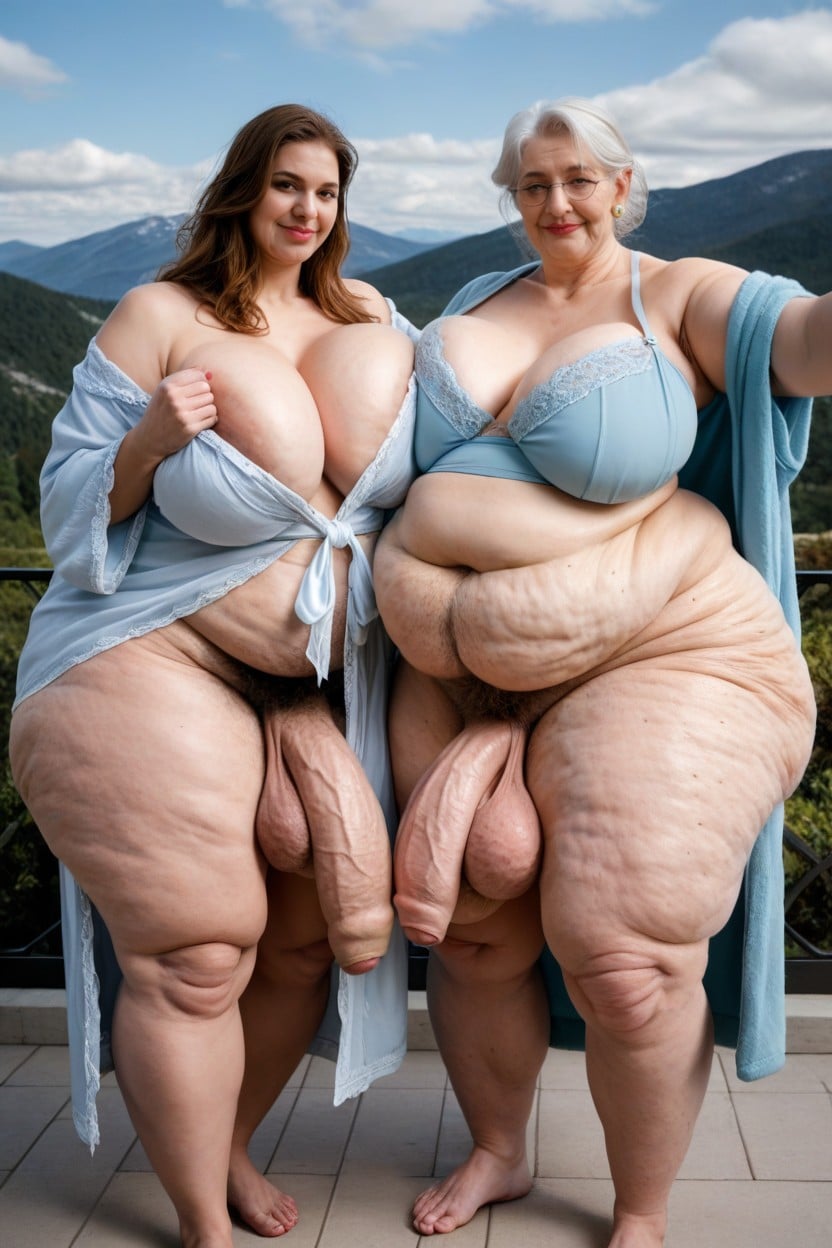 Extremely White Hair, Big Belly, Extremely Fat Obese Body AI Porn