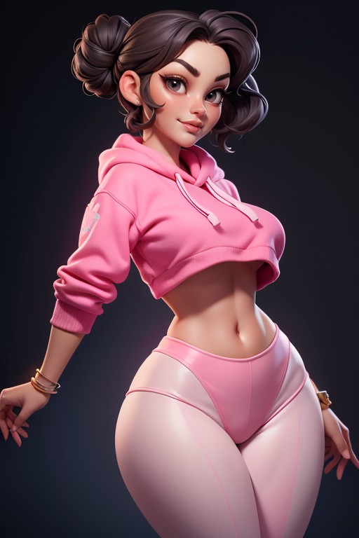 Tan Skin, Pink Spandex Pants, Large Breasts Hentai AI Porn