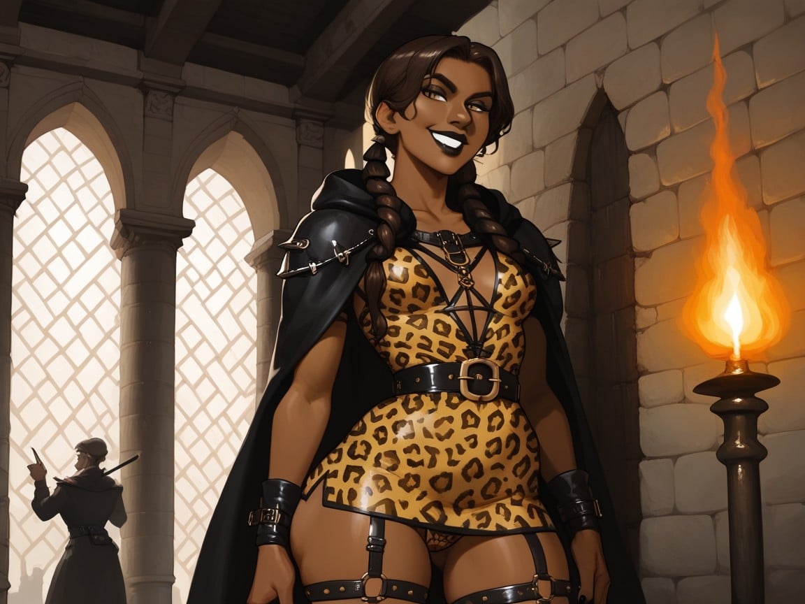 Leather Wrist Straps, Vibrant Saturated Colors, Wearing Leopard Print Black Roman Clothes AI Porn