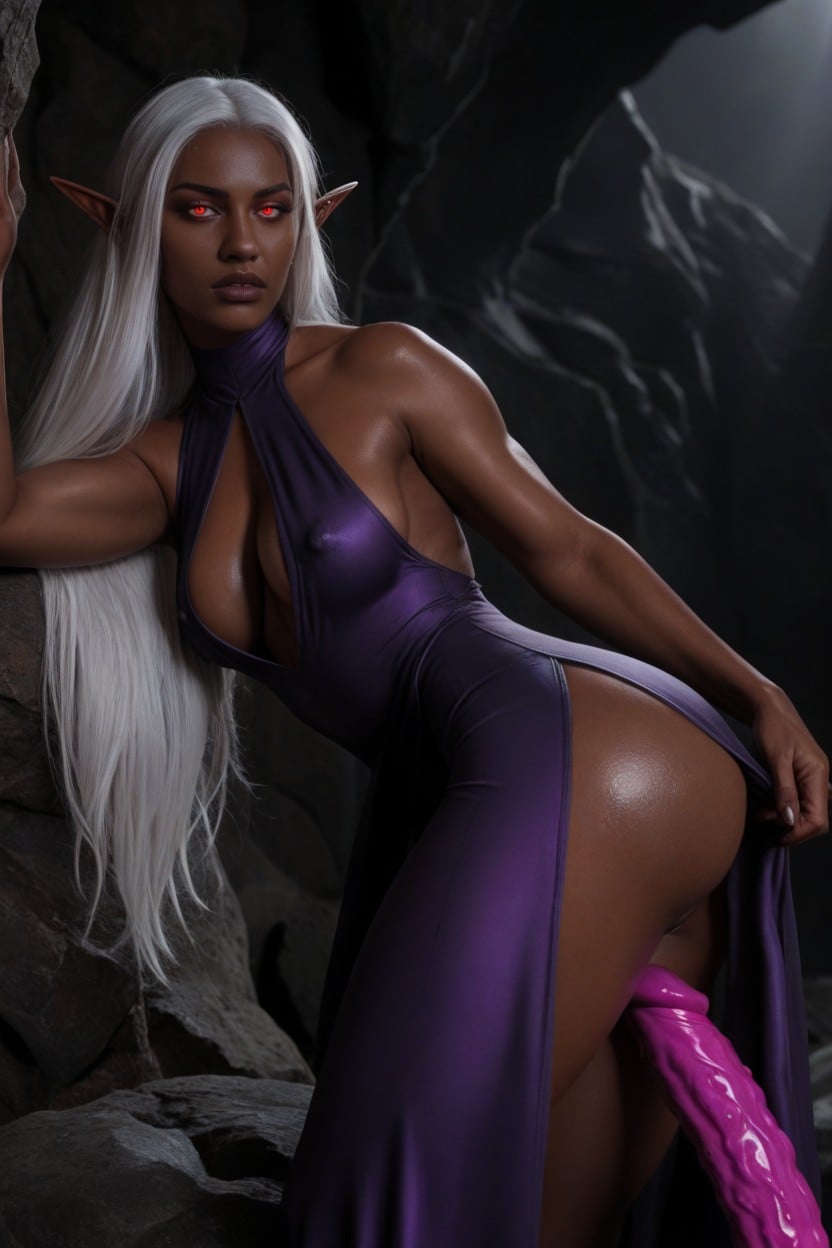 Dark Elf, Bending Over, Long Purple Dress AI Porn