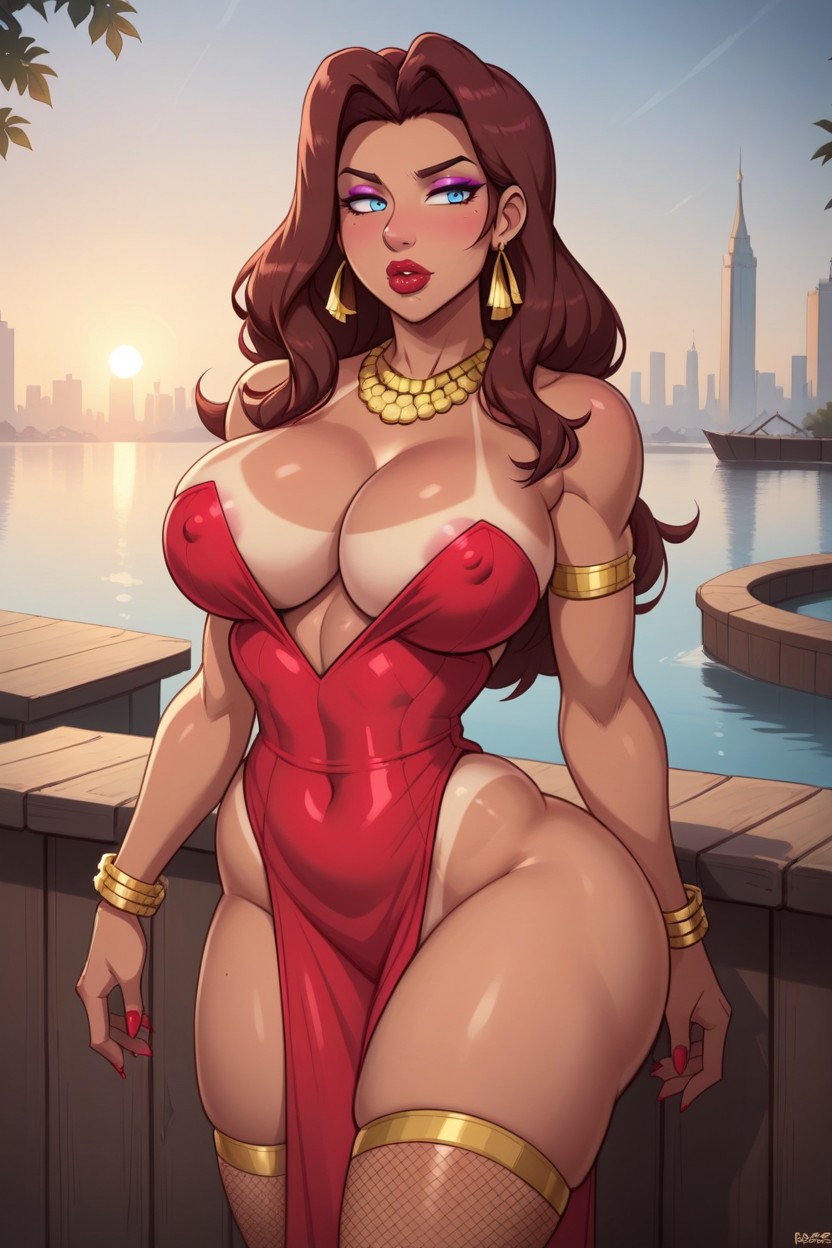 Bimbo, Outdoor, Red Dress And A Low Back Hentai IA