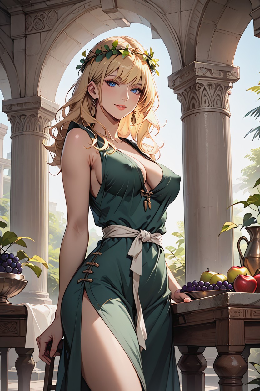 Large Ceramic Pots, Lens Flare, Leaves Wreath On Head Hentai AI Porn