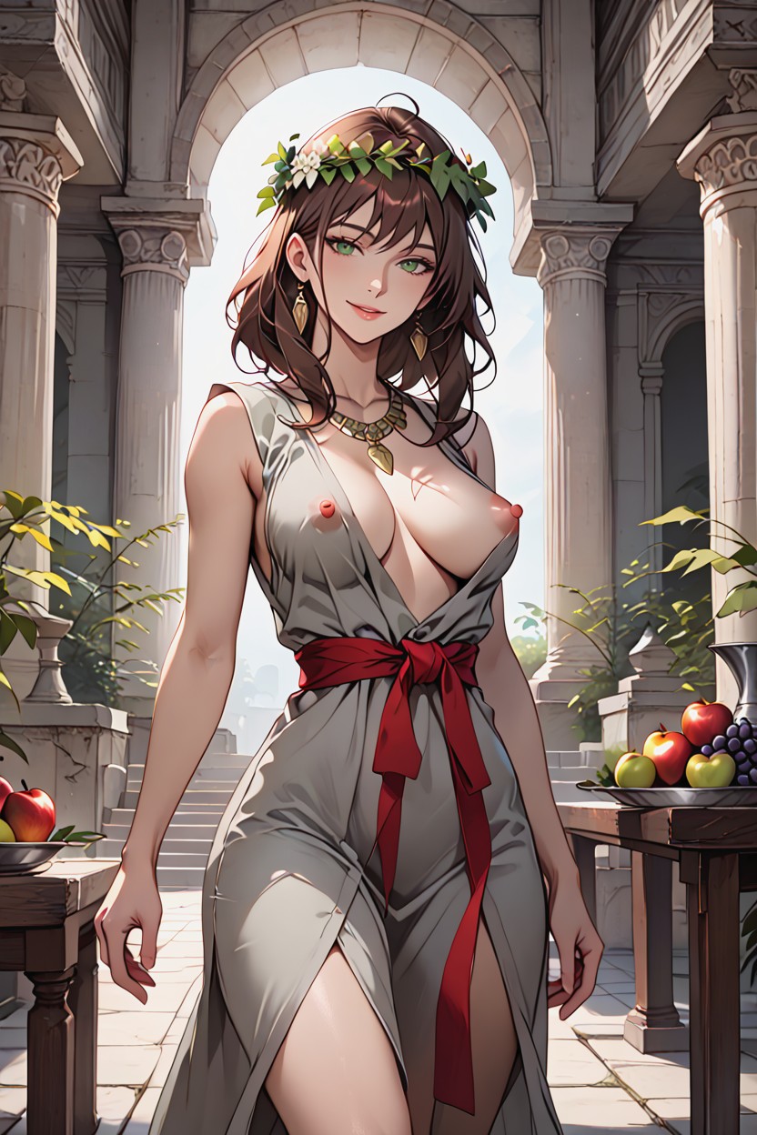 Sleeveless Collarless Draped Roman Tunic, Fur Carpet, Leaves Wreath On Head Hentai AI Porn