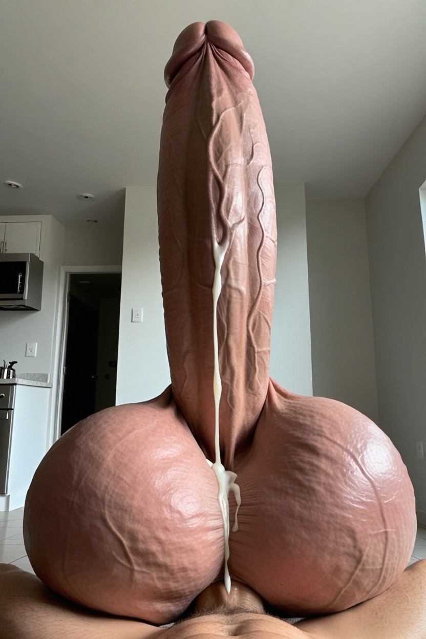 Hyper Fat Cock, Front View Of Mans Cock Close Up, Floppy Oiled Veiny Hyper Cock AI Porn