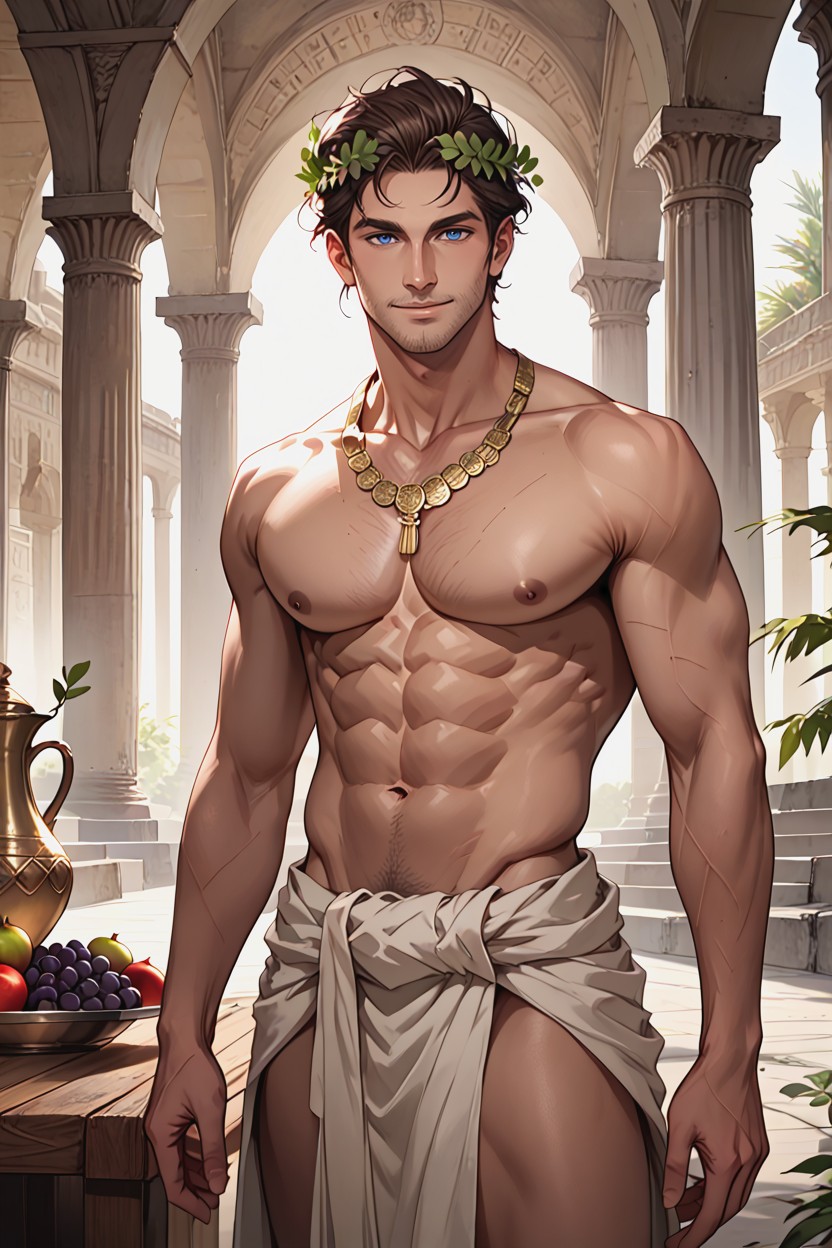 Metal Fruit Platter, Fur Carpet, Loose Fitting White Roman Toga ゲイAIポルノ