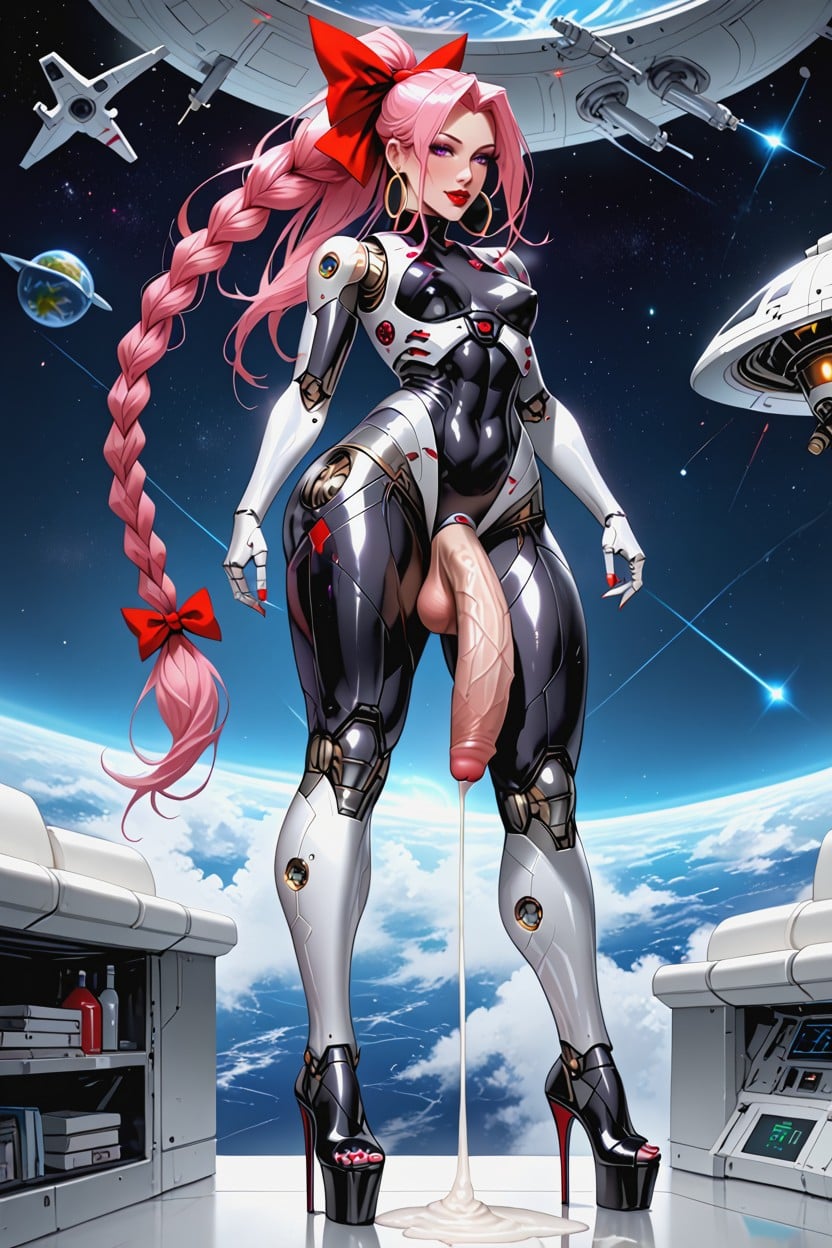 Large Red Hair Bow, Pink Hair, Shiny Metal Skin Shemale AI Porn
