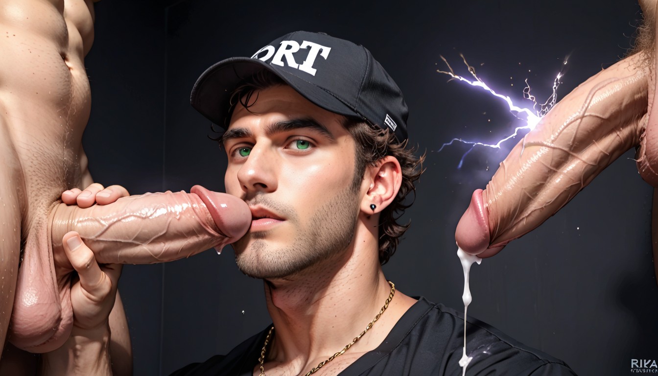 Big Realistic Dildo Stuck To Wall, Pile Of White Powder On Big Realistic Fleshy Dildo, Horny Dominant Look Porno IA Gay
