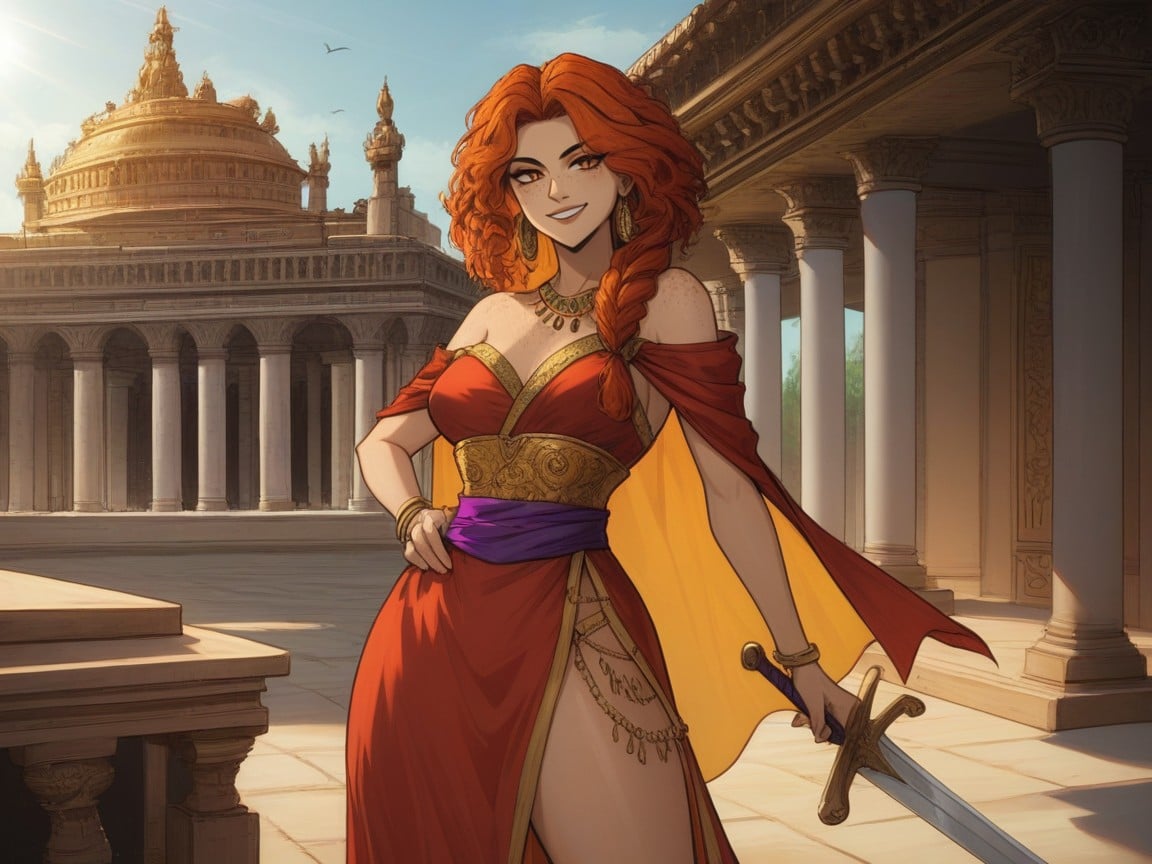Gold Silk Dress, Wearing Gold Silk Roman Clothes, Vibrant Saturated Colors Porno latina IA