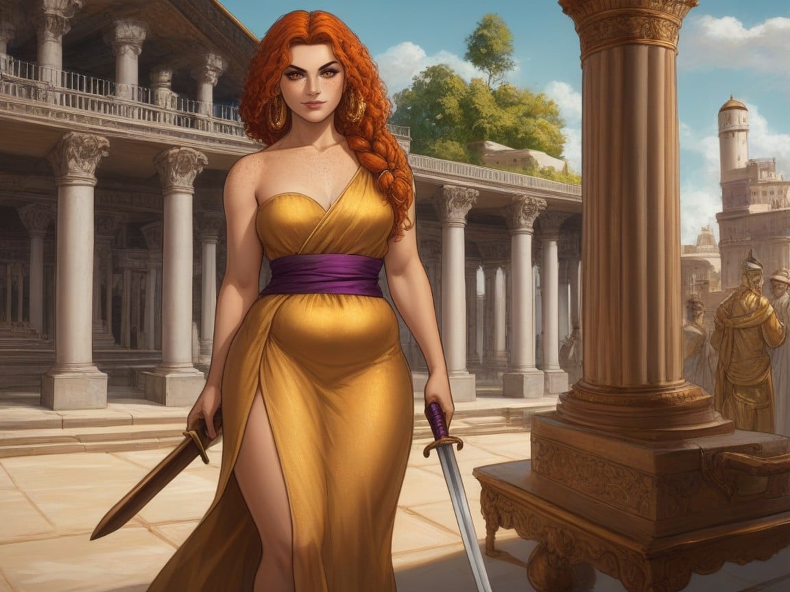 One Shoulder Bare, Woman Gripping Sword At Hip, Ginger Latina AI Porn