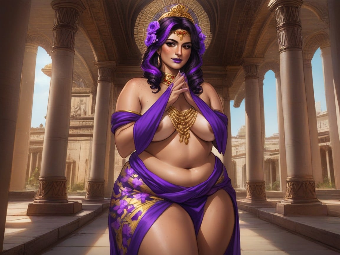 Tan Skin, Neon Purple Flora In Background, Black Permed Hair With Purple Highlights Latina AI Porn