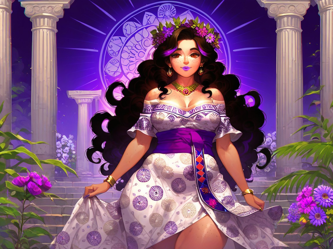 Rounded Hips, Purple Lipstick, Purple Laurel Flower Crown Hentai AI Porn