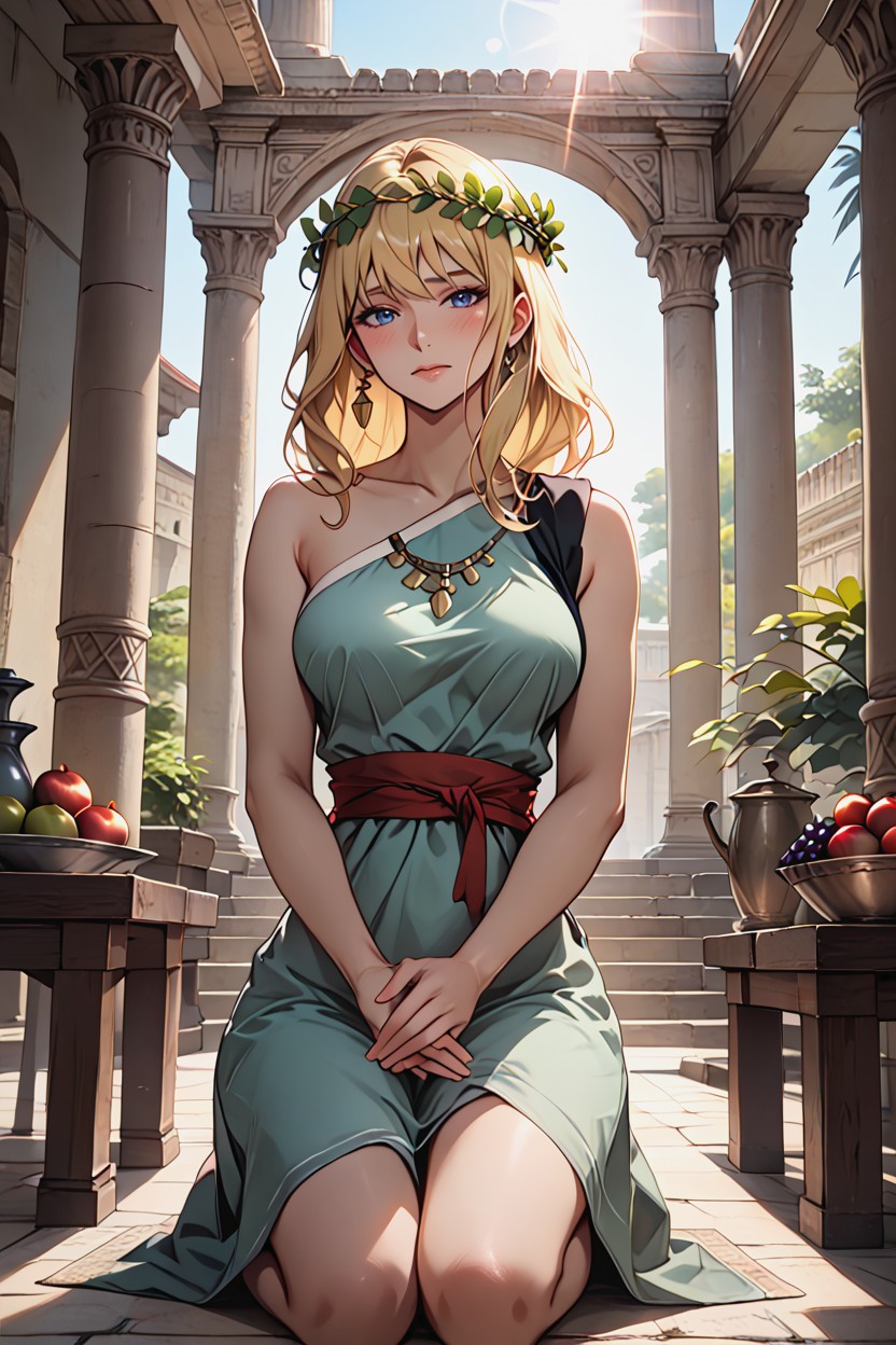 Laurel Wreath On Head, Wooden Chair With Brown Fur Cover, Long Blonde Hair Hentai AI Porn