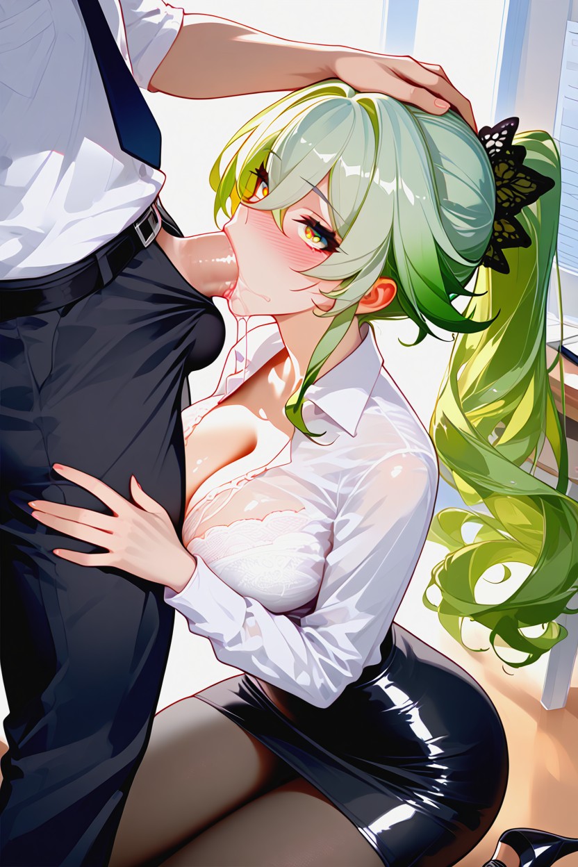 Bra, Grabbing Head, Emerald Hair Hentai AI Porn