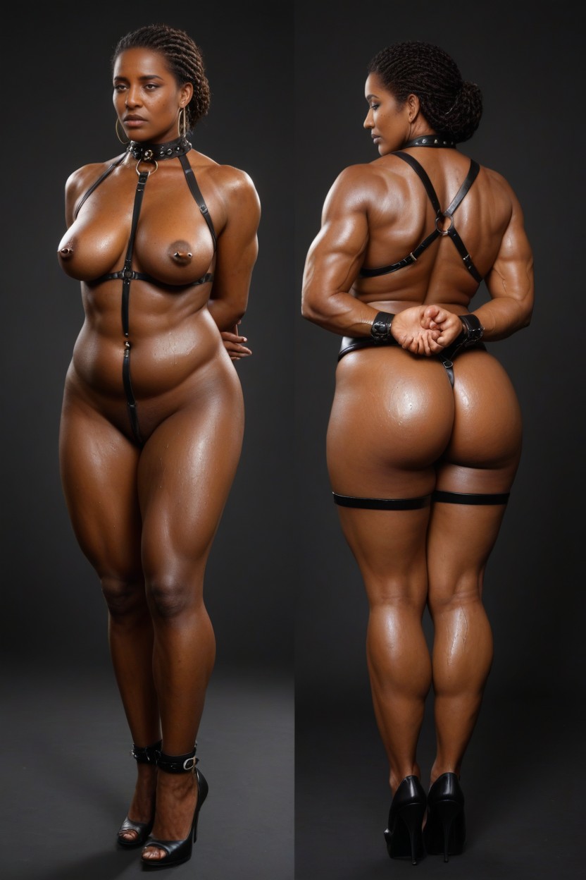 Naked, Strong Muscular Legs, Leather Wrist Cuffs MILF AI Porn
