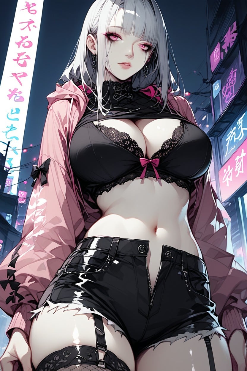 Mesh Fabric, Pink Blue Smoky Flares, Bright Makeup Hentai AI Porn