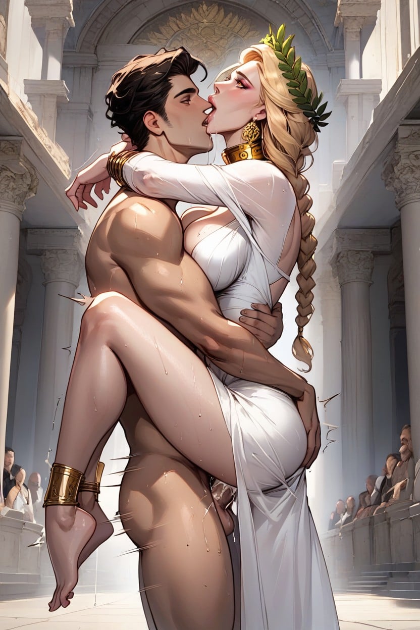 Green Laurel Wreath, Gold Earrings, Full Lips Hentai AI Porn