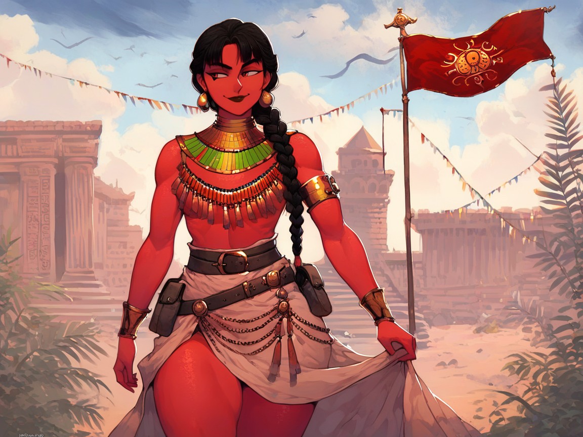 Red And Gold Banner Flags In Distance, Strong Thighs, Proud Smug Face Hentai AI Porn