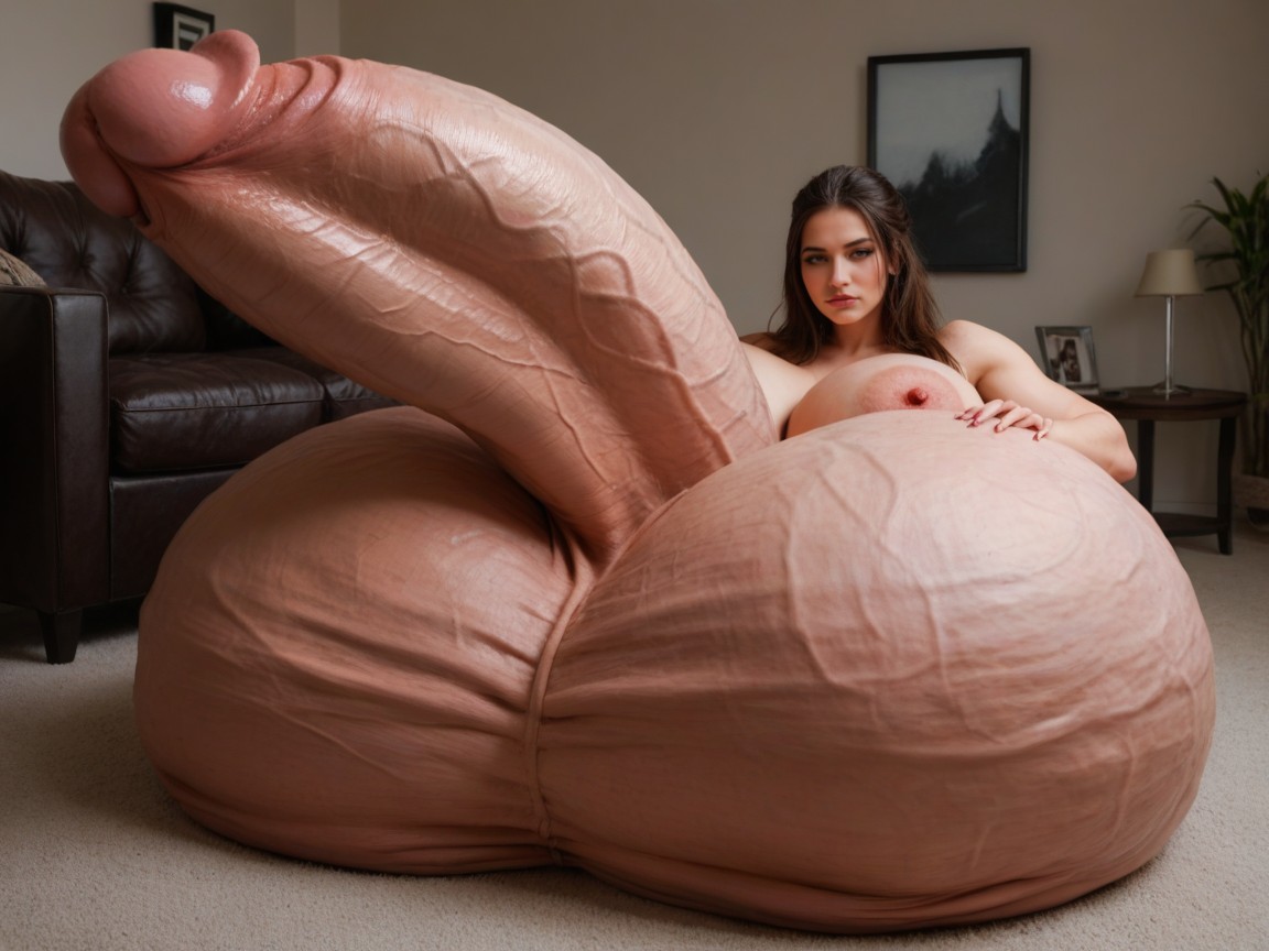 Laying On Top Of Her Penis, Testicles Are Just Too Gigantic, Photo Realistic Shemale AI Porn