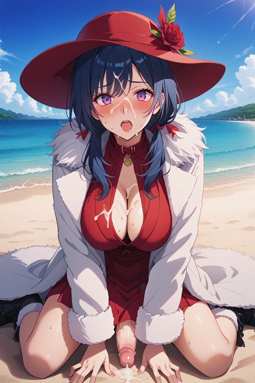 Wide Brim Hat, Dark Blue Hair, Black Boots AI Porn