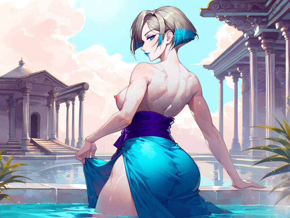Blue Metallic Skirt With High Slit, Pink Nipples, Sharp Edges And Lines Hentai AI Porn
