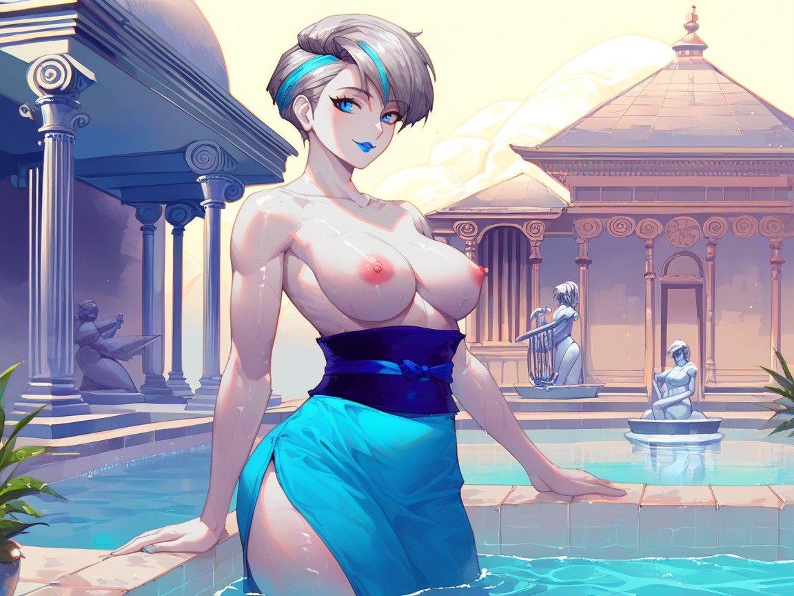 Platinum Blonde Pixie Hair With Blue Frosted Tips, Short Length, One Woman Hentai AI Porn