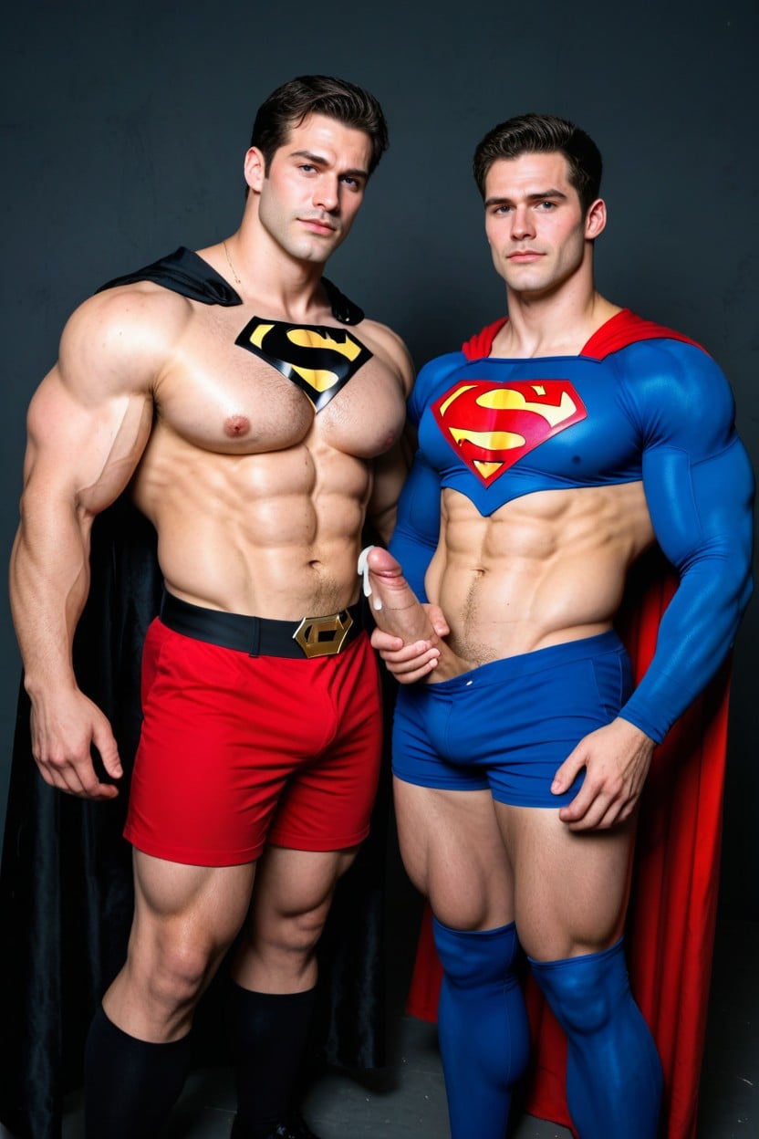 Red Cape, Blue Superman Costume, Dramatic Shadows AI Gay Porn