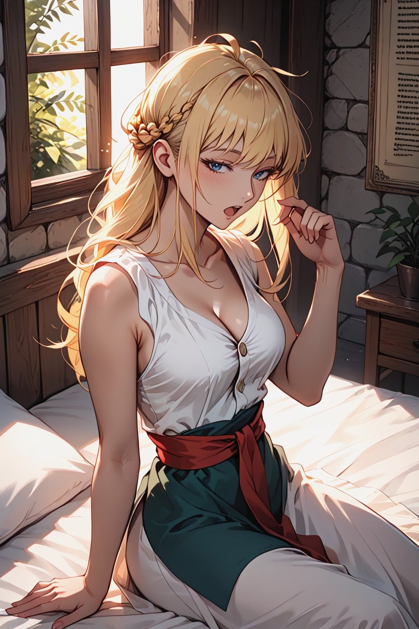 Long Blonde Hair, Vogelansicht, Wispy Hair Bangs Hentai KI Porno