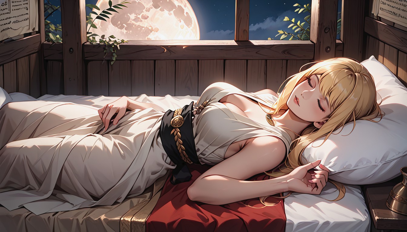 Cloth Banners On Wall, Lying Down On Bed, Waist Shot Hentai AI Porn