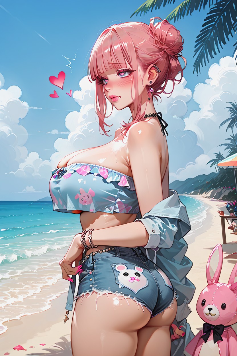 Anime Style, Pink Long Straight Hair With Blunt Bangs, 18+ Hentai AI Porn