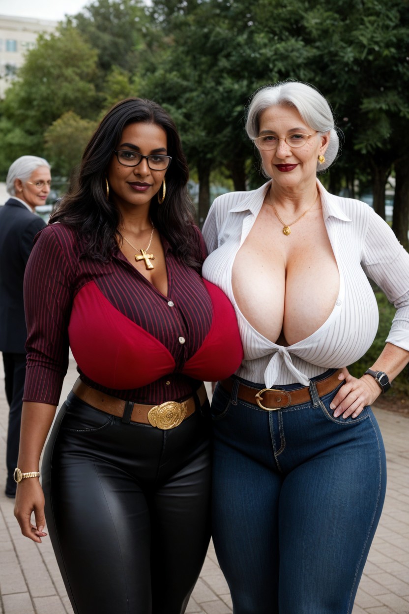 Gigantic Saggy Breasts, Purple Pinstripe Office Shirt, Seductive Faces Shemale AI Porn