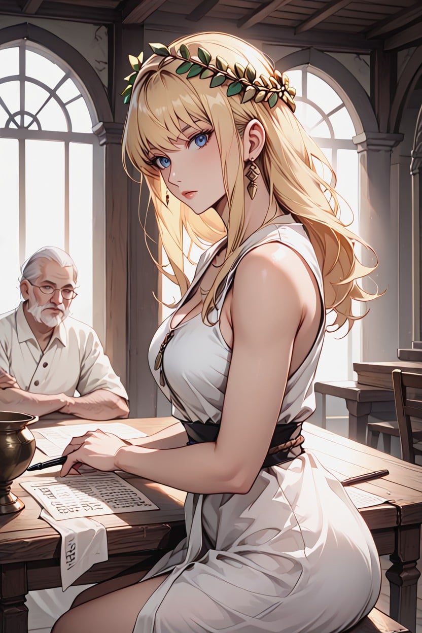 Sitting On Wooden Chair, Confused Expression, Blue Eyes Hentai AI Porn
